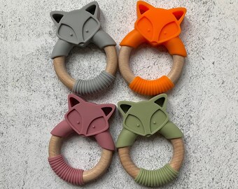 Personalized baby teether, engraved teether, Food grade silicone fox teether, silicone baby teether, wooden baby teether, baby silicone toy