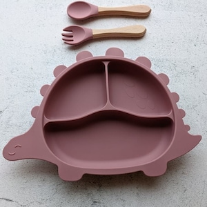 Personalized Dinosaur Suction Cup Bottom Plate with Fork and Spoon Set, Kid&#39;s colorful dino plate with matching utensils, Engraved utensil