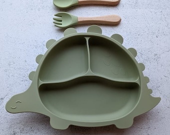 Personalized Dinosaur Suction Cup Bottom Plate with Fork and Spoon Set, Kid's colorful dino plate with matching utensils, Engraved utensil