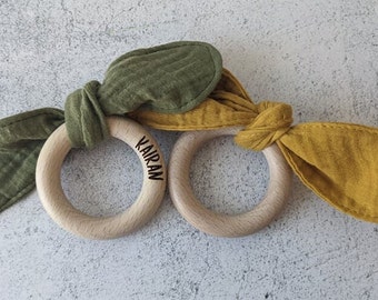 Personalized Baby Wooden Circle Teether with Tie, Name Engraved Wooden