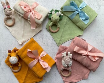 Personalized Animal Rattle, Swaddle Blanket and Bib set, Baby Shower Toy and Swaddle Blanket Set