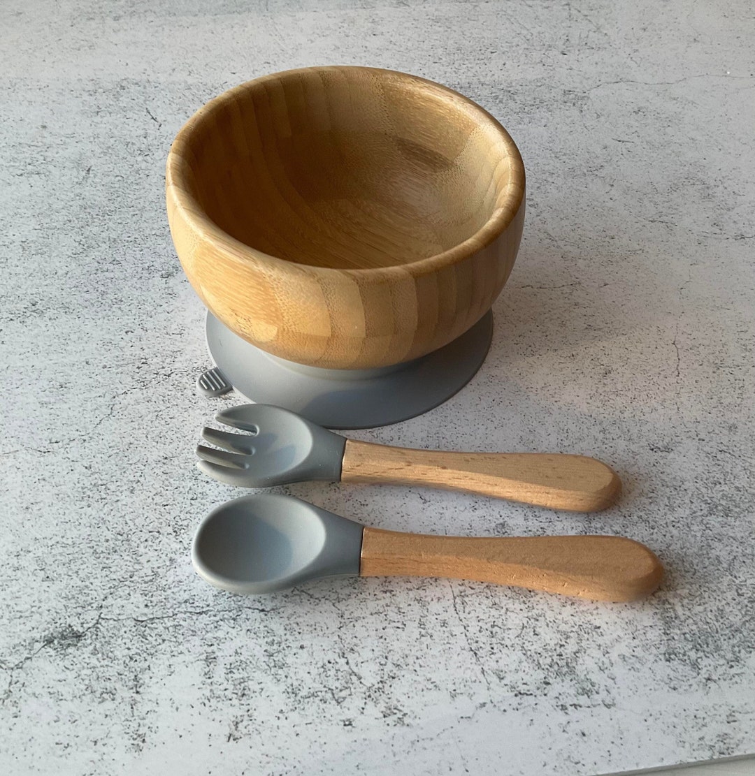 Personalized Thick Wooden Baby Bowl, Silicone Bowl With Spoon and Fork