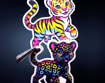 90s Holographic Rainbow Jaguar Tiger Stickers, Retro Y2K Vinyl Decals.