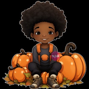 May include: A young boy with an afro hairstyle sits on a pile of orange pumpkins. He is wearing a gray shirt with orange suspenders and black pants. He is smiling and looking at the camera.