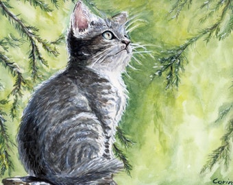 Cat PRINT, Watercolor Cute Kitten, Fine Art Print, Cat in the Forest 8.5"x11"