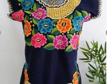 Stunning Blue embroidery Spanish Colonial style Handmade Mexican Cotton Blouse
