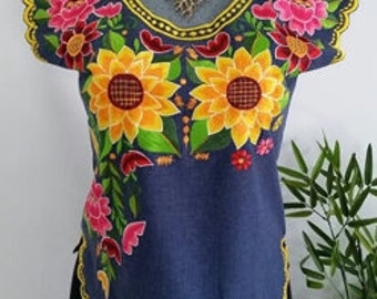 Stunning Blue embroidery Spanish Colonial style Handmade Mexican Cotton Blouse
