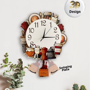 Kitchen Clock, Wooden Clock, 3D Wall Clock, Home Decoration, Pendulum Clock, Coffee Clock, Home Decor, Unique Clock, Gift for Her,Wall Decor