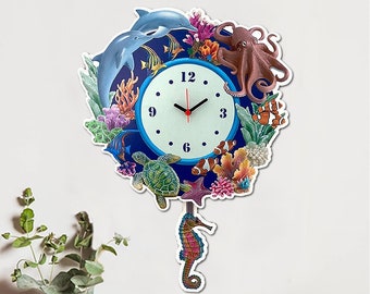 Wooden Clock, Home Decoration, Ocean Pendulum Clock, Wall Clock, Home Decor,Animal Clock, Gift for Her, Wall Decor, Swinging Clock Home Gift