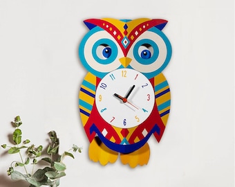 Owl Wooden Clock, Wall Clock, Pendulum Clock, Home Decoration, Animal Clock, Gift for Her, Wall Decor, Bedroom Decor, Kids Room Decor