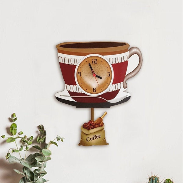Kitchen Clock, Wooden Clock, Coffee Cup Pendulum Clock, Kitchen Decoration, Wall Clock, Home Decoration, Gift for Her, Home Design