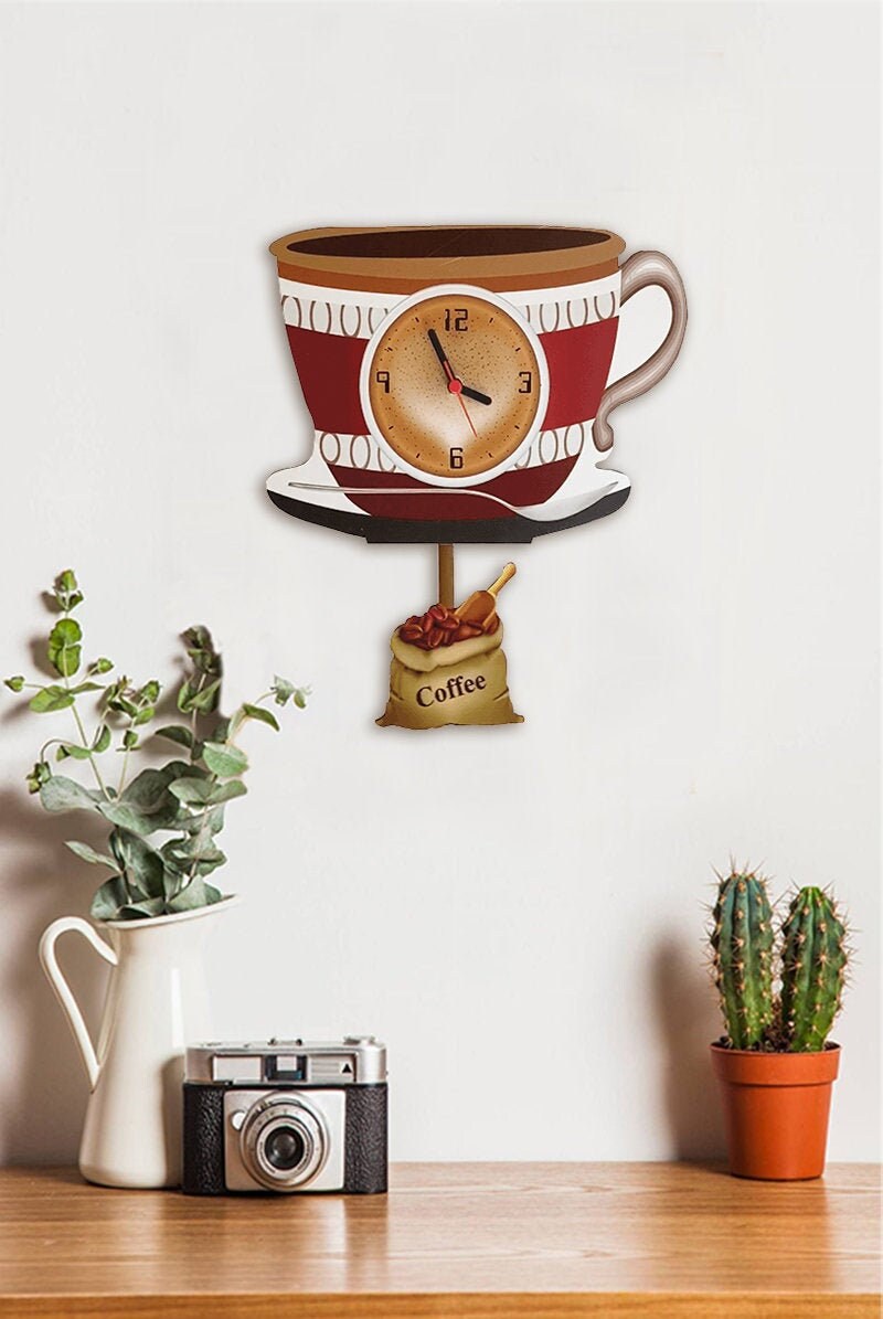 Coffee Cup Pendulum Clock Wall Clock Kitchen Design Home Etsy