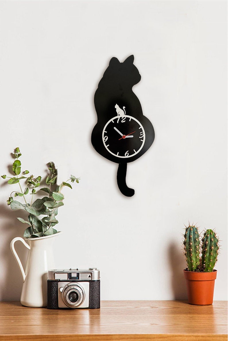 Wooden Clock, Black Cat Clock, Pendulum Clock, Wall Clock, Home Decoration, Cat Clock, Animal