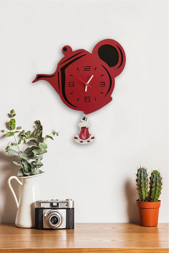 Red Tea Pot Pendulum Clock Wall Clock Home Decor Tea Pot Etsy