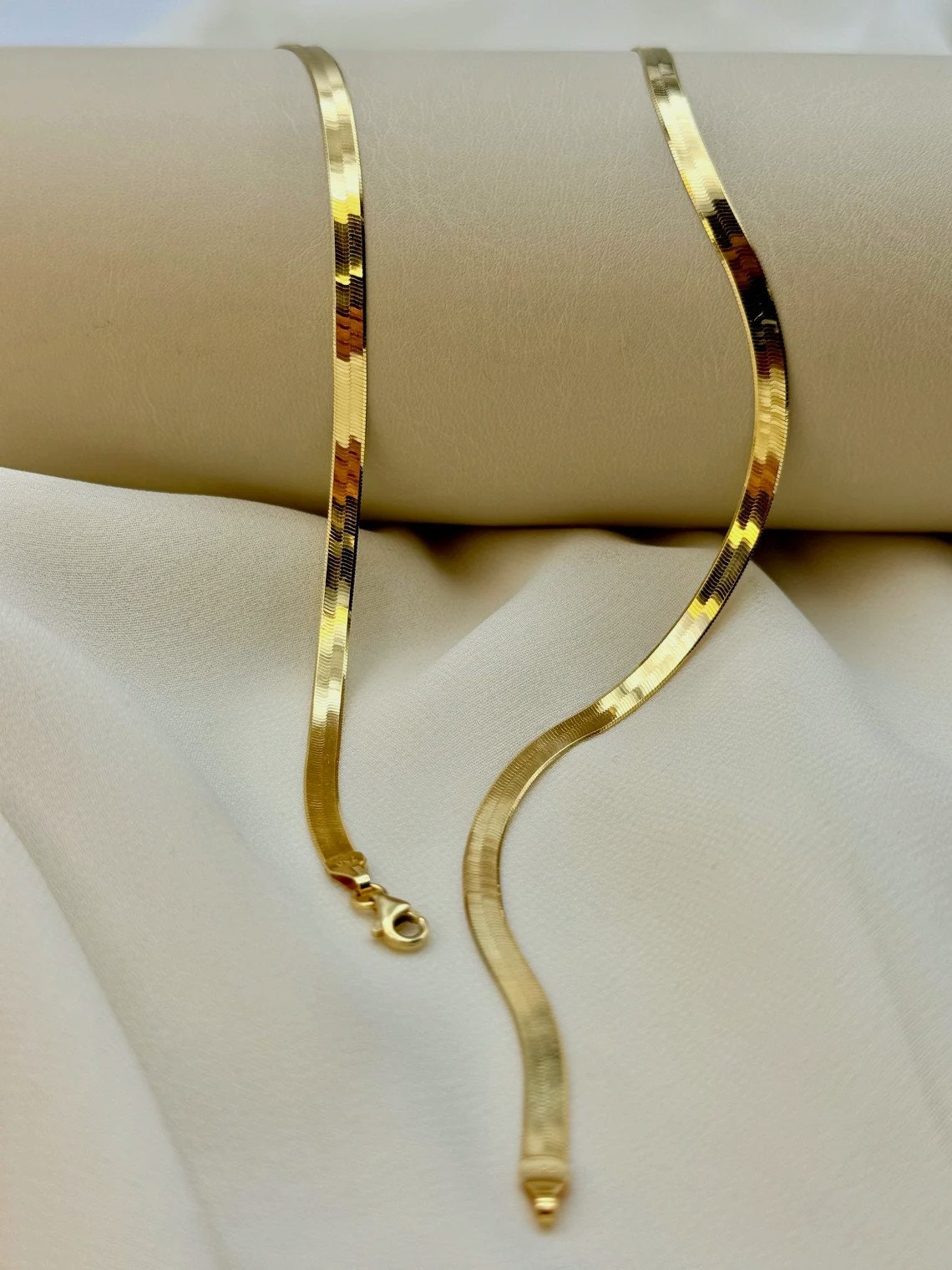 Gold Plated Stainless Steel 3mm Flat Herringbone Snake Chain Necklace – PE44, Lobster Clasp, Made In Thailand