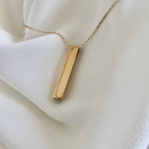 14K Solid Gold Bar Necklace: Simple Rectangle Pendant, Adjustable 17” Chain