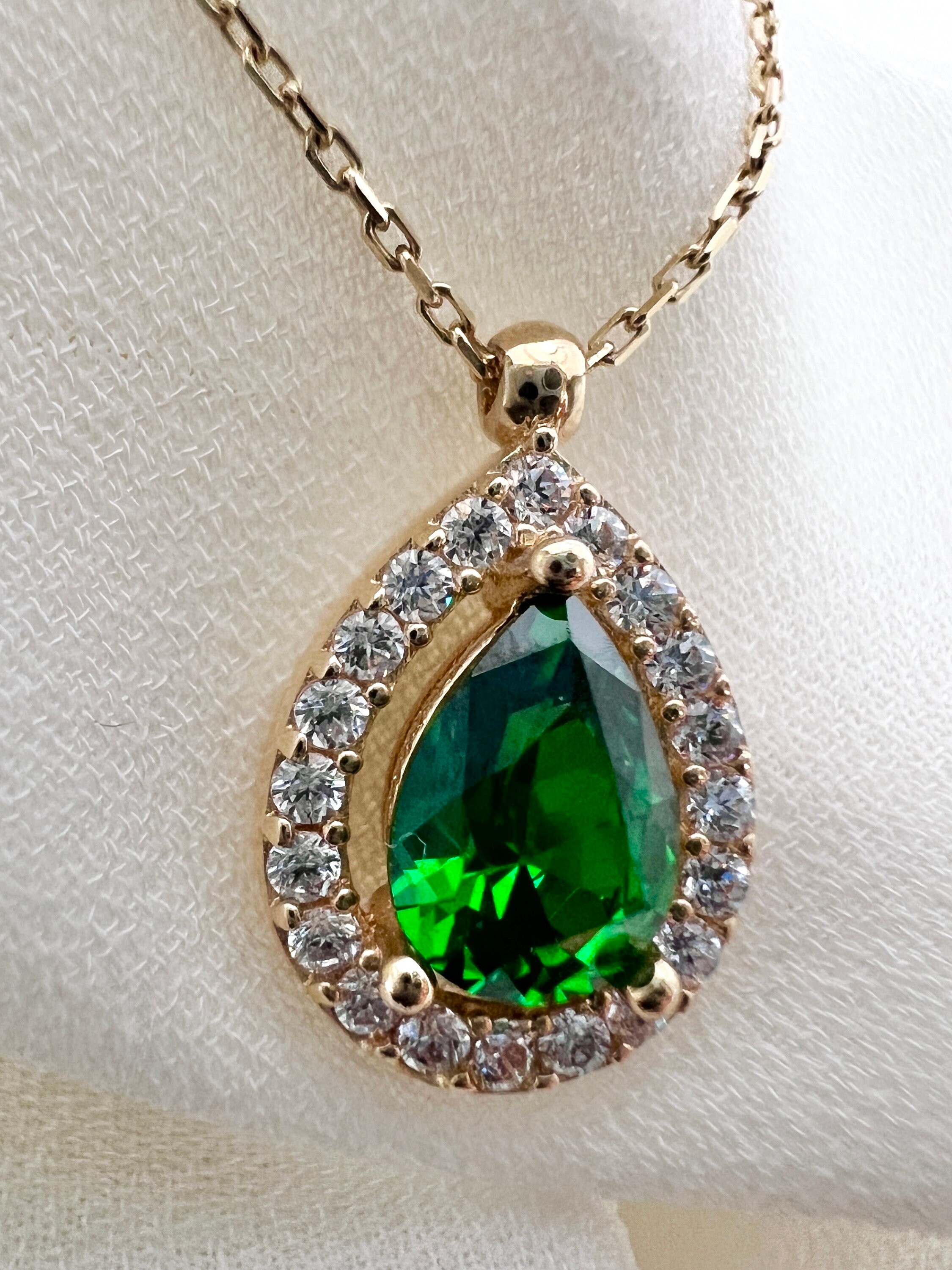 14k Gold Tear Drop Necklace, Dainty Green Emerald Pendant, Handcrafted ...