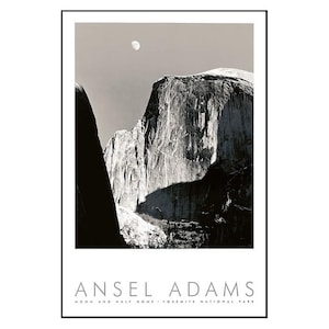 May include: Monochrome photograph of a mountain scene with a crescent moon. The print is by Ansel Adams and is titled "Moon and Half Dome, Yosemite National Park."