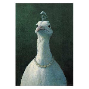 May include: A painting of a white peacock wearing a pearl necklace and a feathery headpiece. The bird has a serious expression and is set against a dark green backdrop. The artwork has a whimsical and elegant feel.