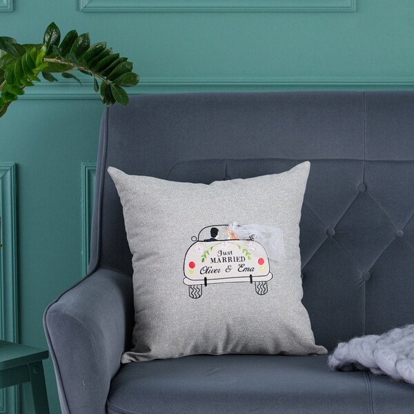 Coussin Cadeau Mariage personnalisé Gris ciment Lin main image 0