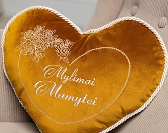 Mustard heart-shaped pillow, Personalized heart cushion with a name or a special message