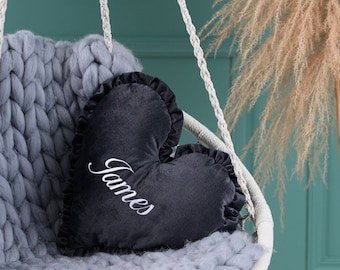 Personalized velvet heart cushion, Embroidered heart pillow with name, Personalized anniversary gift, Customized Valentines gift