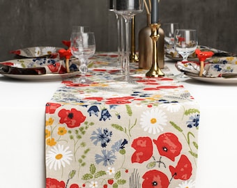 Poppy Bluebonnet Floral Butterflies Birds 70inches Long Cotton Linen Table Runners 13 x 70inch American Independence Day Baseball Non-Slip Table Top Decor Bed Runners for Kitchen/Farmhouse/Hotel 