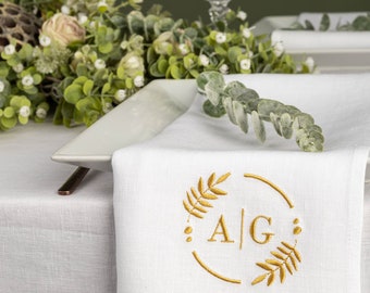 Personalized White Linen Wedding Napkins, Embroidered Monogram