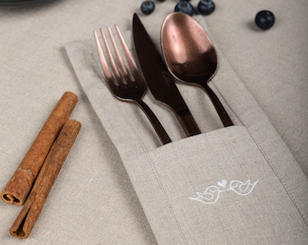 Embroidered Linen Cutlery Holder with Birds, Wedding Table Decor