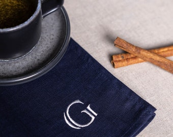 Embroidered napkins, Navy blue dinner napkins, Linen serviette, Personalized table decorations