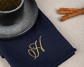Embroidered Linen Napkin, Personalized Navy Blue Luncheon Decor