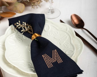 Personalized wedding napkins, Navy blue dinner napkins, Embroidered linen serviette