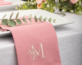 Pink Linen Napkin, Embroidered Monogram, Personalized Table Decor