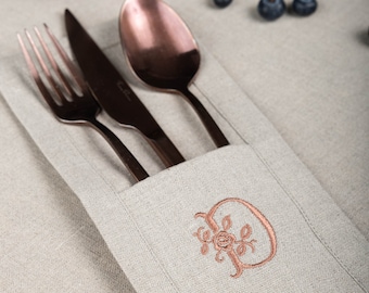 Personalized Linen Cutlery Holder, Rustic Embroidered Silverware Pouch