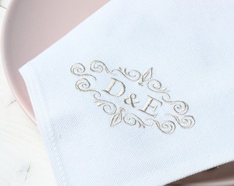 Personalized white wedding napkins, Embroidered initials on wedding napkin, Wedding monogram cloth