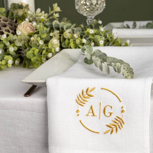 Serviettes de table de mariage blanches personnalisées, initiales brodées sur la serviette de table de mariage, tissu monogramme de mariage