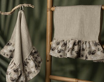 Rustic Linen Kitchen Towel Set, Pinecone Ruffle Tea Towel