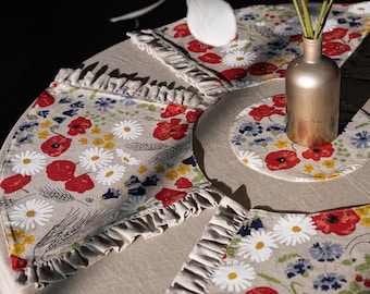 Poppy Linen Placemat Set, Floral Wedge Mats With Ruffles, Rustic Table Decoration