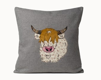 Highland cow cushion cover, Birthday gift for Highland cow lover, Cow pillow cover 40x40 cm,  Applique throw cover for Highland cow fan