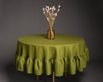 Green round tablecloth with ruffles, Natural linen tablecloth