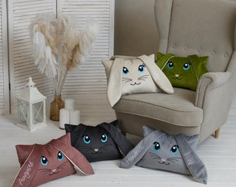 Rabbit-shaped pillow, Personalized bunny cushion