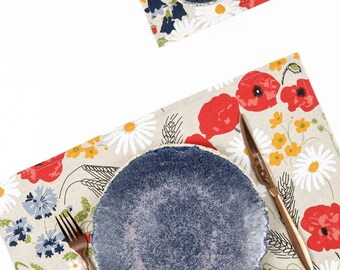 Floral Leinen Tischset Set: Mohnblumen Tischdekoration