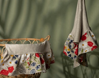Poppy Flower Linen Kitchen Towel Set, Floral Ruffle Tea Towel