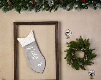 Personalized Velvet Christmas Stocking for Cat, Fish Design