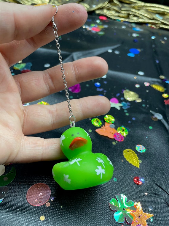 St. Patrick's Day Mini Shamrock Lil Rubber Ducky Earrings in Dark