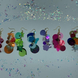 Random Shape Color Themed Sequin Earrings! In Gold & Silver! Choose Red, Orange, Green, Blue, Purple, Pink, Rainbow or Mix Matched Options!