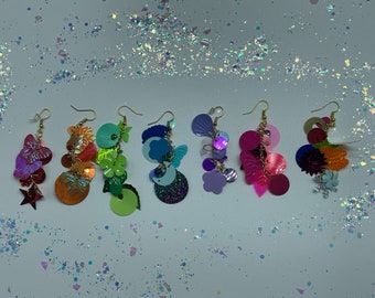 Random Shape Color Themed Sequin Earrings! In Gold & Silver! Choose Red, Orange, Green, Blue, Purple, Pink, Rainbow or Mix Matched Options!