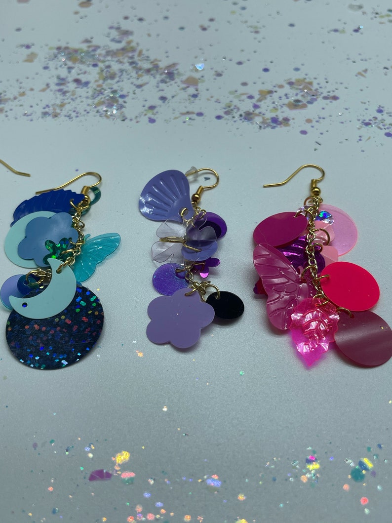 Choose Red Purple Pink Random Shape Color Themed Sequin Earrings Blue Orange Green Rainbow or Mix Matched Options! In Gold /& Silver
