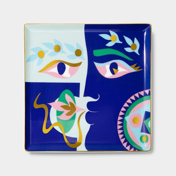OCTAEVO Claire Johnson Ceramic Tray - Blue, Handcrafted Decorative Trinket Dish, Gold Glaze, Luxurious Gift Box, Made in Spain