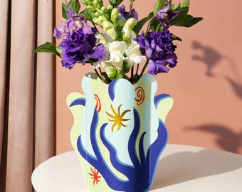 Octaevo Mini Paper Vase Amalfi Blue - Water-Resistant Paper, Eco-Friendly Handmade Decor with Metallic Foil, Made in Spain